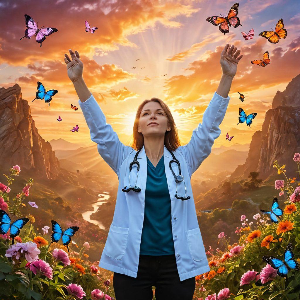 A resilient person standing triumphantly with arms raised in a beautiful sunrise landscape, symbolizing hope and victory over cancer. Surround them with subtle imagery of medical symbols like stethoscopes and DNA strands, blending into a backdrop of blooming flowers and butterflies to represent rebirth and healing. The atmosphere should evoke encouragement and strength. vibrant colors. super-realistic.