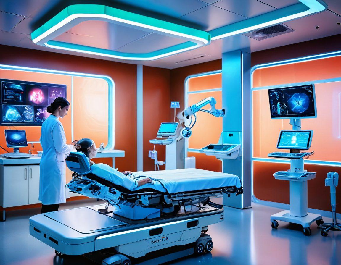 A futuristic hospital scene showcasing advanced cancer care technologies, featuring a multi-functional robotic surgical system, telemedicine consultation with holographic displays, and a patient being comforted by a nurse. Emphasize vibrant colors and a sense of hope and innovation in the atmosphere. super-realistic. vibrant colors. high-tech environment.